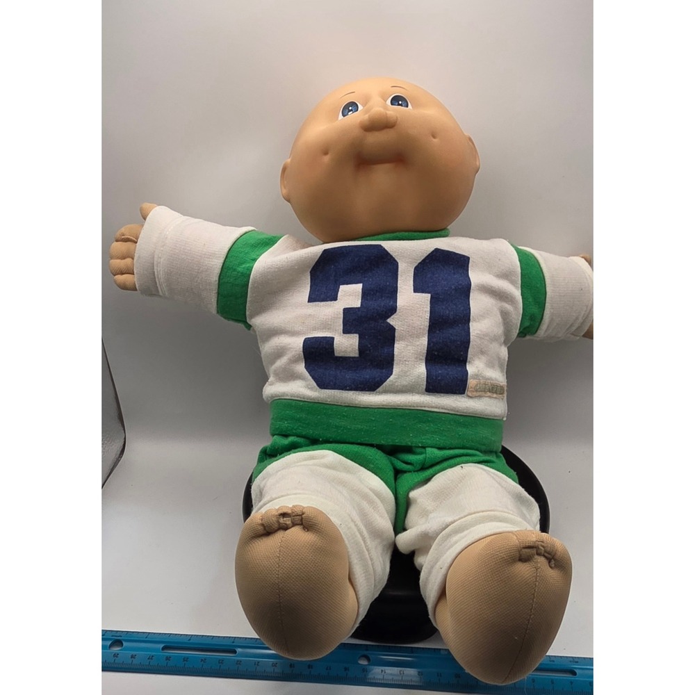 Vintage 1982 Cabbage Patch Kids Doll Bald Blue Eyes Football Outfit Coleco 16"